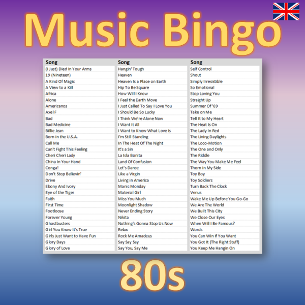80s Music Bingo