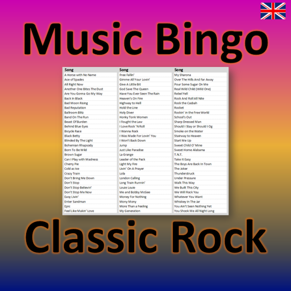 Music Bingo Classic Rock songlist
