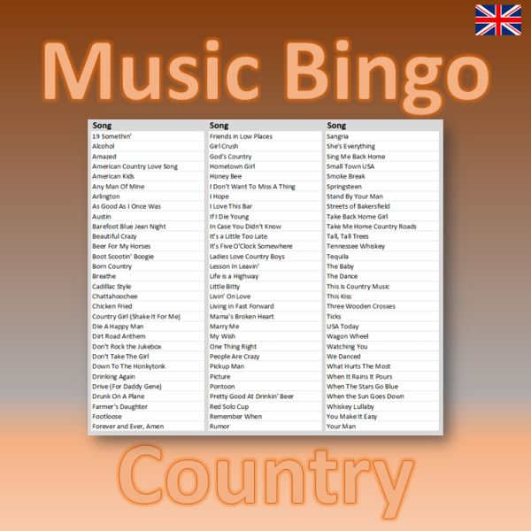 Music Bingo Country songlist