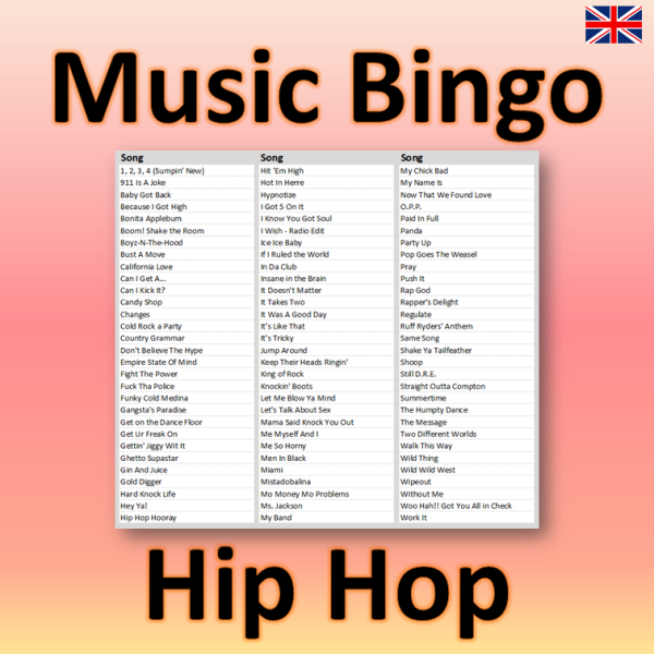 Music Bingo Hip Hop songlist