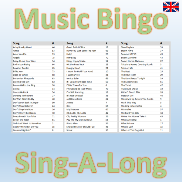 Music Bingo 75 Sing-a-Long songlist