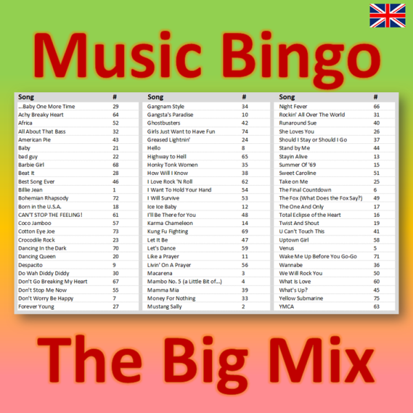 Music Bingo 75 The Big Mix songlist