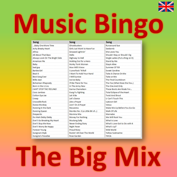 Music Bingo The Big Mix songlist