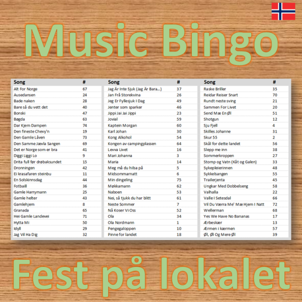 Music Bingo 75 Fest på lokalet songlist