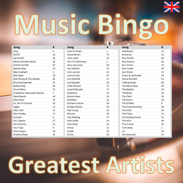 Music Bingo 75 Greatest Artists songlist