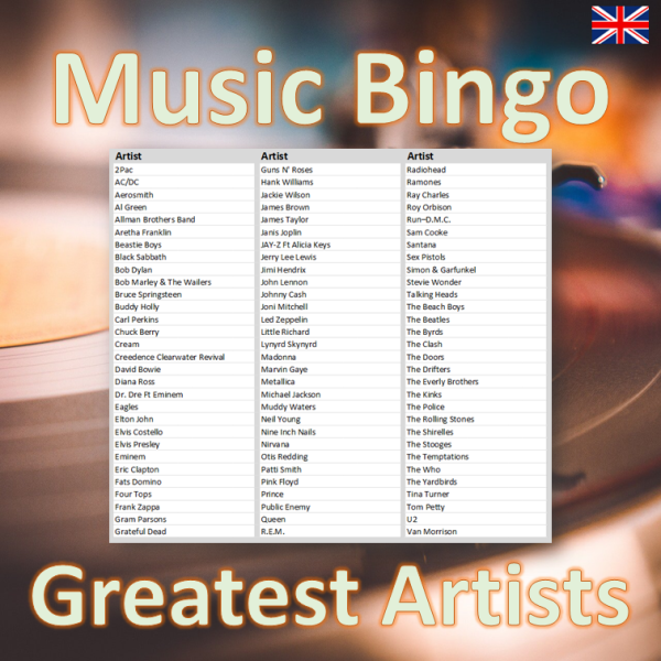Music Bingo Greatest Artists songlist