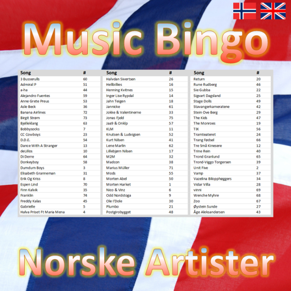 Music Bingo 75 Norske Artister songlist
