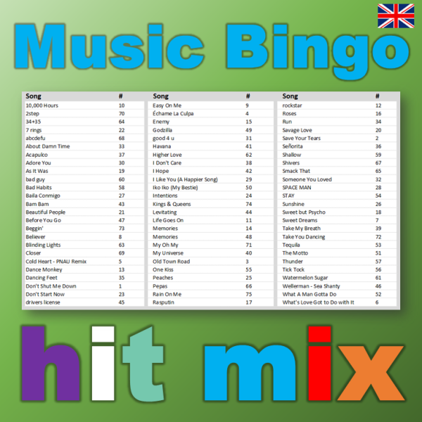 hit mix music bingo 75 songlist