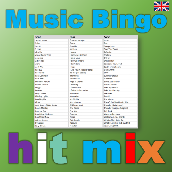 hit mix music bingo songlist