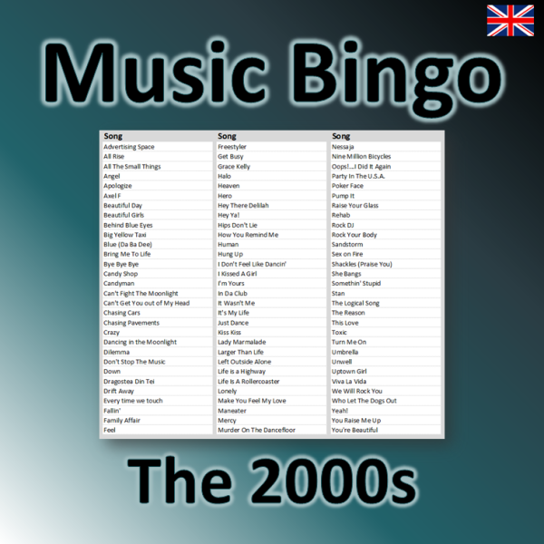 the 2000s music bingo songlist