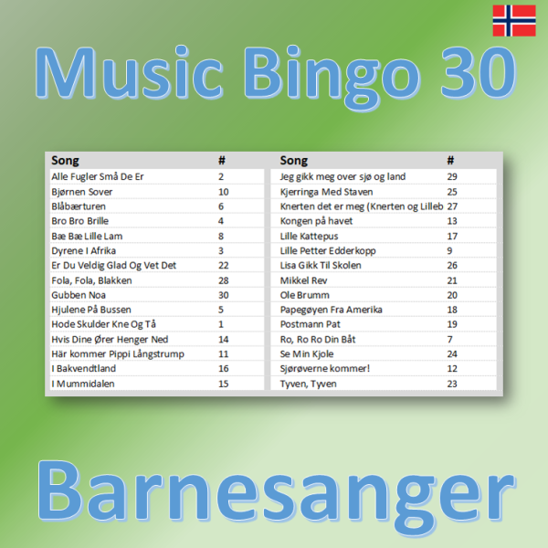 musikk bingo 30 barnesanger songlist