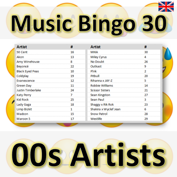 music bingo 30 00s artists songlist
