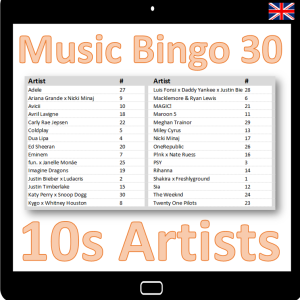 music bingo 30 10s artists songlist
