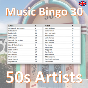 music bingo 30 50s artists songlist