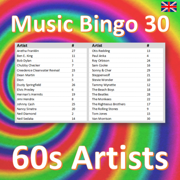 music bingo 30 60s artists songlist
