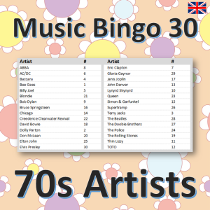 music bingo 30 70s artists songlist
