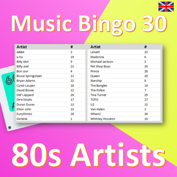 music bingo 30 80s artists songlist