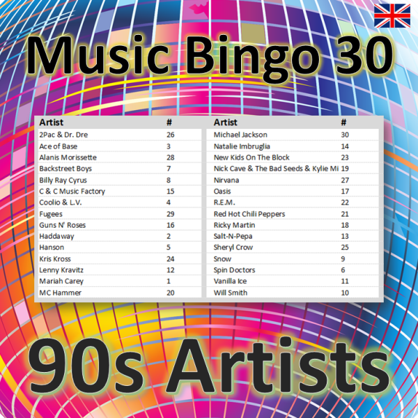 music bingo 30 90s artists songlist