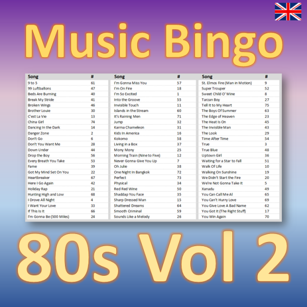music bingo 75 80s vol 2