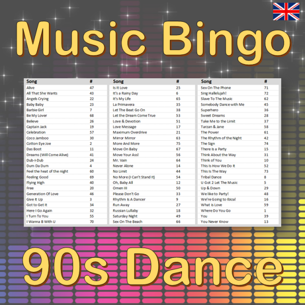 music bingo 75 90s dance
