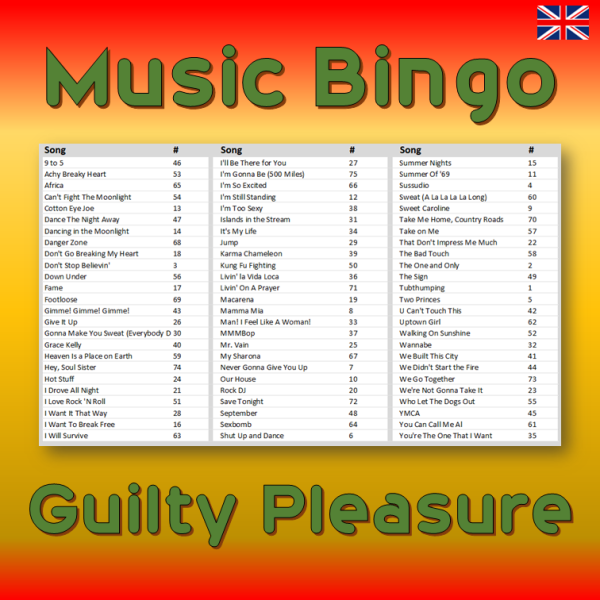 music bingo 75 guilty pleasure