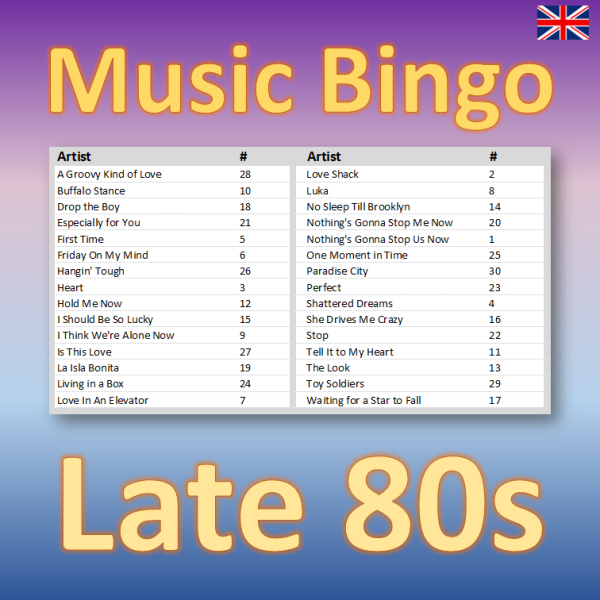 music bingo 30 late 80s