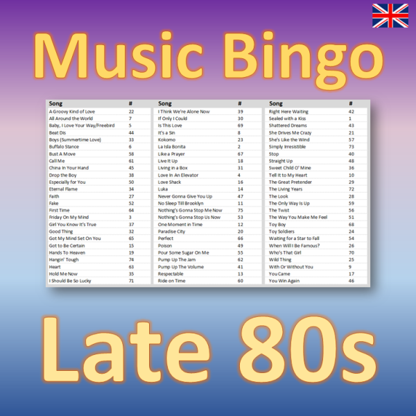 music bingo 75 late 80s