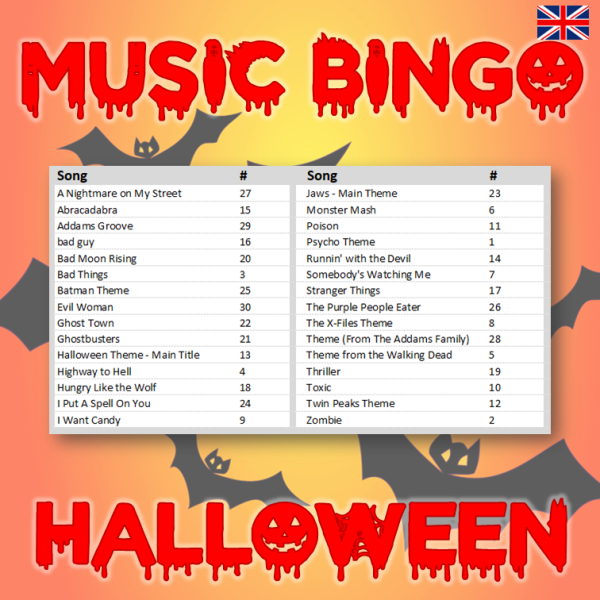 music bingo 30 halloween