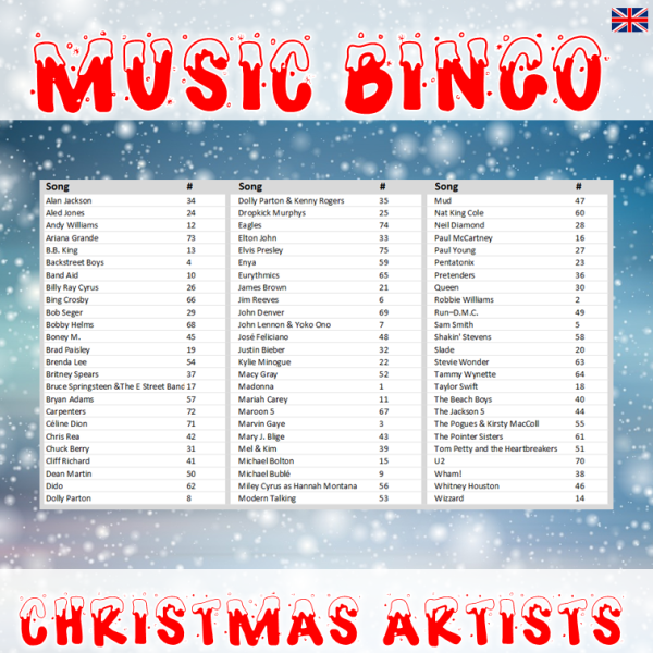 music bingo 75 christmas artists
