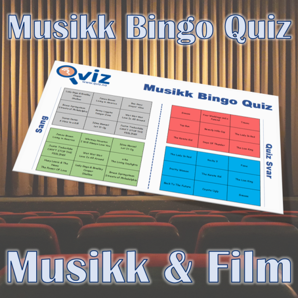 Kombinasjon av musikk bingo og quiz med tema hentet fra film musikk. Test dine gjesters kunnskaper innen film og musikk. Ypperlig aktivitet for selskapet.