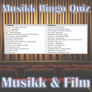 Kombinasjon av musikk bingo og quiz med tema hentet fra film musikk. Test dine gjesters kunnskaper innen film og musikk. Ypperlig aktivitet for selskapet.