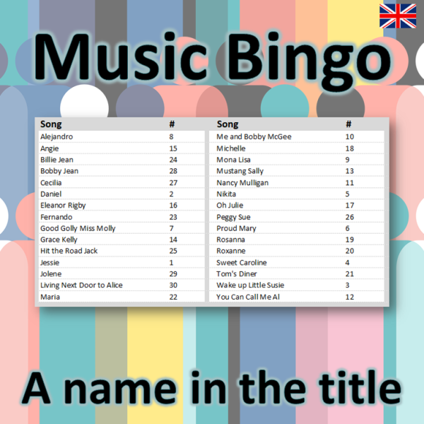 I denne musikkbingoen får du en spilleliste med 30 sanger som alle har et navn i tittelen. Du får med PDF fil med 100 bingobrett og link til Spotify spilleliste.