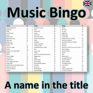 I denne musikkbingoen får du en spilleliste med 75 sanger som alle har et navn i tittelen. Du får med PDF fil med 100 bingobrett og link til Spotify spilleliste.
