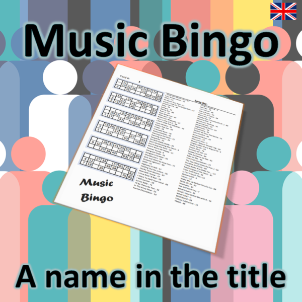 I denne musikkbingoen får du en spilleliste med 90 sanger som alle har et navn i tittelen. Du får med PDF fil med 100 bingobrett og link til spilleliste.