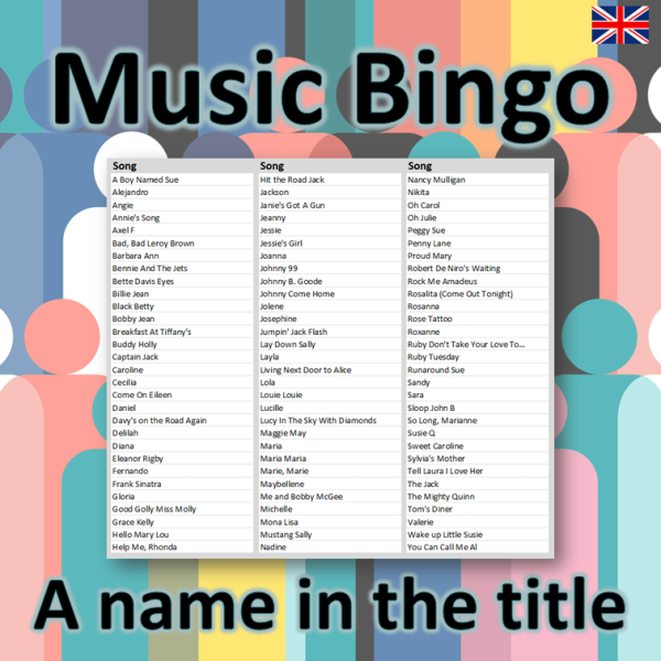 I denne musikkbingoen får du en spilleliste med 90 sanger som alle har et navn i tittelen. Du får med PDF fil med 100 bingobrett og link til spilleliste.
