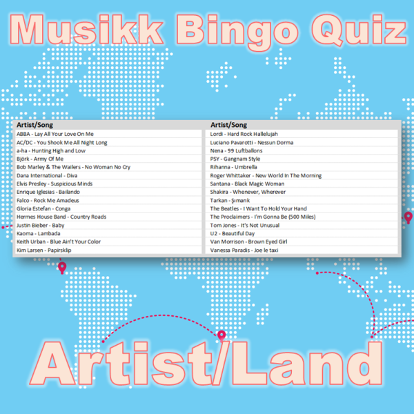 Kombinasjon av musikk bingo og quiz med tema artister og hvilket land de kommer fra. Test dine gjesters kunnskaper innen musikk og se om de klarer å koble artist til riktig land. Ypperlig aktivitet for selskapet.