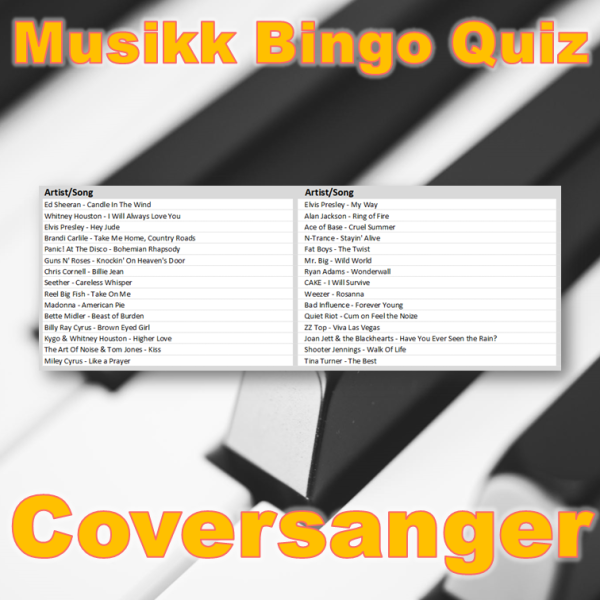 Kombinasjon av musikk bingo og quiz med tema coversanger. Test dine gjesters kunnskaper innen musikk og se om de klarer å koble sang til riktig artist. Ypperlig aktivitet for selskapet.