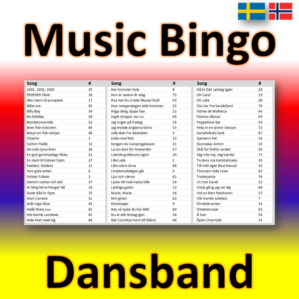 I denne musikk bingoen får du servert 75 kjente og kjære dansband sanger. Her finner du både norske og svenske schlägere. I tillegg til 100 tilpassede bingo brett får du også tilgang til en Spotify spilleliste .