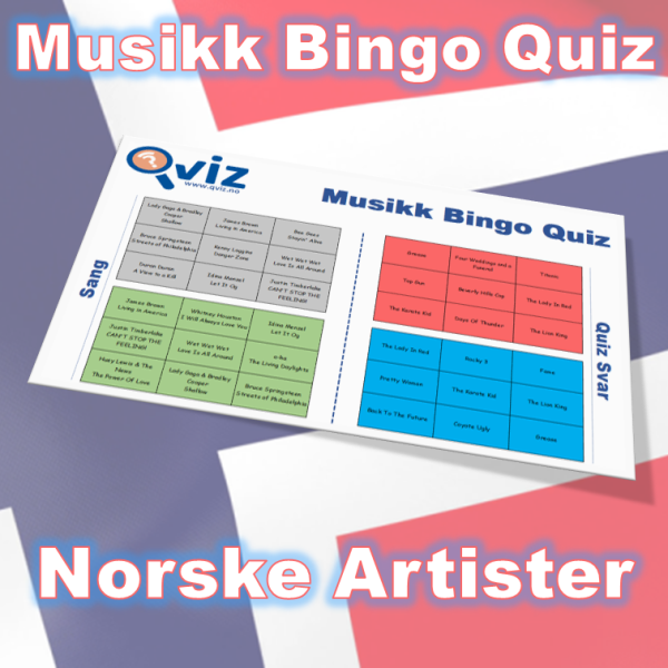 Kombinasjon av musikk bingo og quiz med tema artister fra Norge og hvor de kommer fra. Test dine gjesters kunnskaper innen musikk og se om de klarer å koble artist til riktig stedsnavn. Ypperlig aktivitet for selskapet.