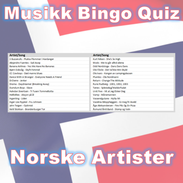 Kombinasjon av musikk bingo og quiz med tema artister fra Norge og hvor de kommer fra. Test dine gjesters kunnskaper innen musikk og se om de klarer å koble artist til riktig stedsnavn. Ypperlig aktivitet for selskapet.
