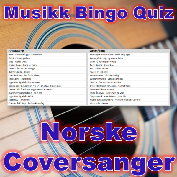 Kombinasjon av musikk bingo og quiz med tema coversanger på norsk. Test dine gjesters kunnskaper innen musikk og se om de klarer å koble sang til riktig artist. Ypperlig aktivitet for selskapet.
