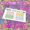 Musikkbingo med 30 pop sanger fra 80 tallet. Du får med PDF fil med 100 bingobrett og link til Spotify spilleliste.