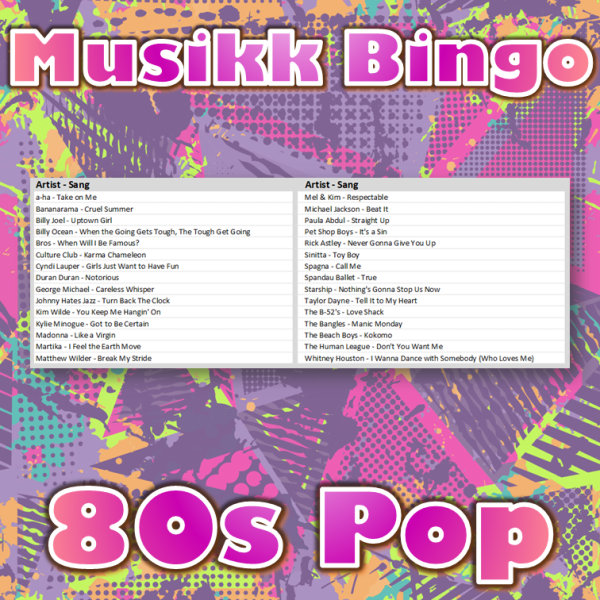 Musikkbingo med 30 pop sanger fra 80 tallet. Du får med PDF fil med 100 bingobrett og link til Spotify spilleliste.
