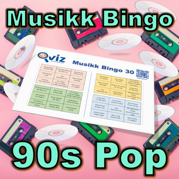 Musikkbingo med 30 pop sanger fra 90 tallet. Du får med PDF fil med 100 bingobrett og link til Spotify spilleliste.