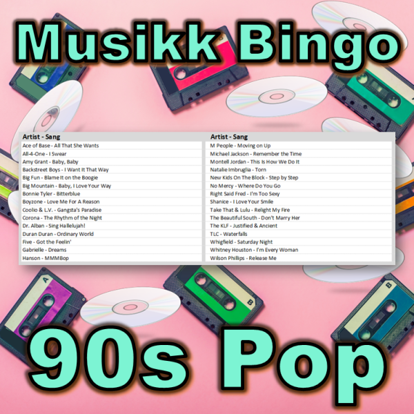 Musikkbingo med 30 pop sanger fra 90 tallet. Du får med PDF fil med 100 bingobrett og link til Spotify spilleliste.