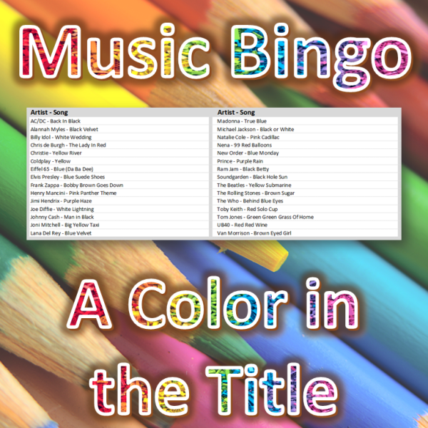 Musikkbingo med 30 låter som som alle har en farge i tittelen til sangen. Du får med PDF fil med 100 bingobrett og link til Spotify spilleliste.