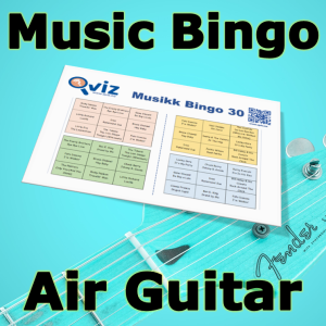 Musikkbingo med høy gitarføring og trang til å hente frem luftgitaren. Du får med PDF fil med 100 bingobrett og link til Spotify spilleliste.
