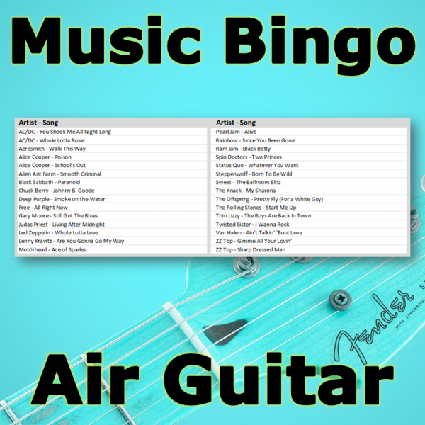 Musikkbingo med høy gitarføring og trang til å hente frem luftgitaren. Du får med PDF fil med 100 bingobrett og link til Spotify spilleliste.