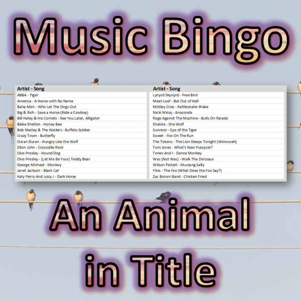Musikkbingo med 30 låter som alle har et dyr i tittelen til sangen. Du får med PDF fil med 100 bingobrett og link til Spotify spilleliste.