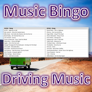 Musikkbingo med 30 sanger som handler om å ferdes på veien. Du får med PDF fil med 100 bingobrett og link til Spotify spilleliste.